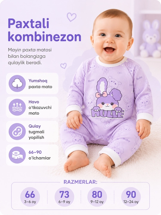 Детский хлопковый комбинезон (слип) с длинным рукавом - 