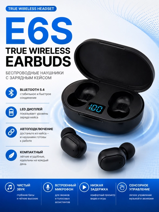 Беспроводные наушники E6S TWS Bluetooth 5.4 с LED дисплеем и зарядным кейсом - 