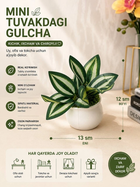 Tuvakdagi sun’iy manzarali o‘simliklar, uy va interyer uchun gullar