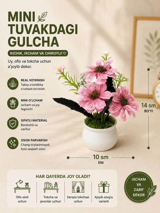 Tuvakdagi sun’iy manzarali o‘simliklar, uy va interyer uchun gullar