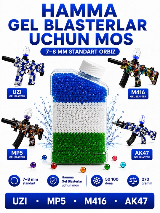 Orbiz, gel blaster uchun gidrogel sharchalar, 20 000 dan ortiq dona, 7-8 mm