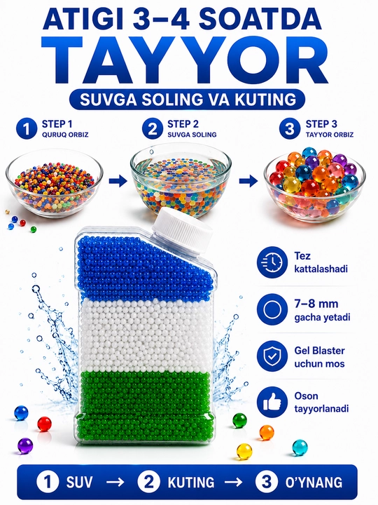 Orbiz, gel blaster uchun gidrogel sharchalar, 20 000 dan ortiq dona, 7-8 mm