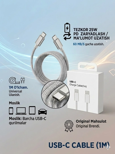 USB Type-C to USB Kabel, 1 m, Mustahkam To‘qima Qoplama, Tezkor Zaryadlash