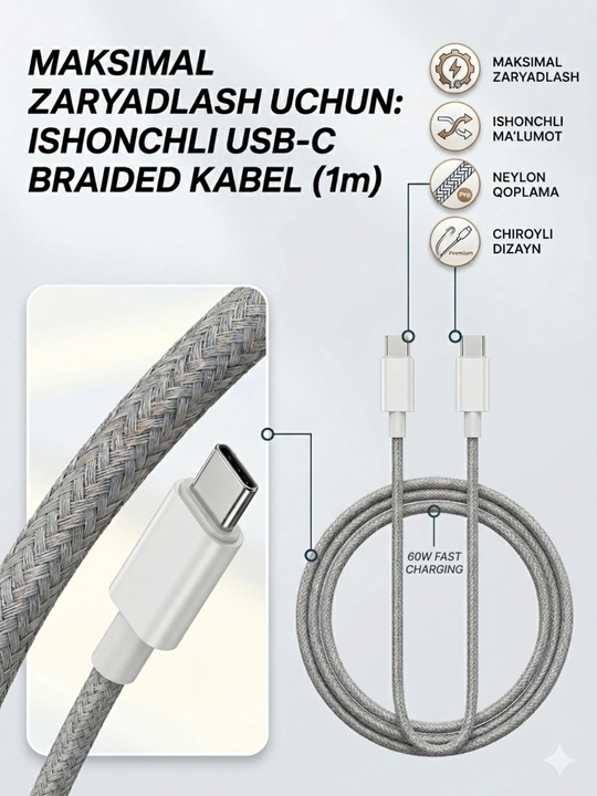 Кабель USB Type-C to USB, 1 м, Усиленная тканевая оплётка, Быстрая зарядка