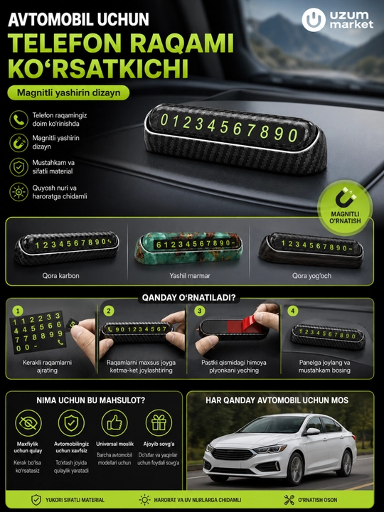Avtomobil uchun telefon raqami ko‘rsatkichi (avtovizitka), magnitli yashirin dizayn - 