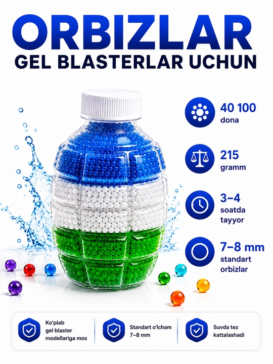 Orbiz, gel blaster uchun gidrogel sharchalar, 20 000 dan ortiq dona, 7-8 mm
