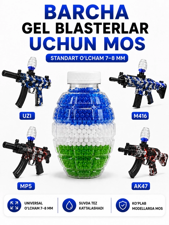 Orbiz, gel blaster uchun gidrogel sharchalar, 20 000 dan ortiq dona, 7-8 mm