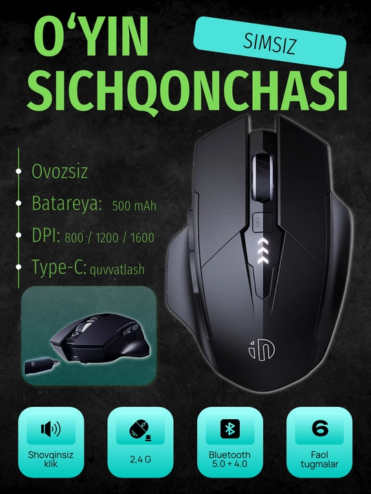Inphic ovozsiz simsiz o‘yin sichqonchasi, zaryad indikatori, Type-C bilan, 2400 DPI gacha - 
