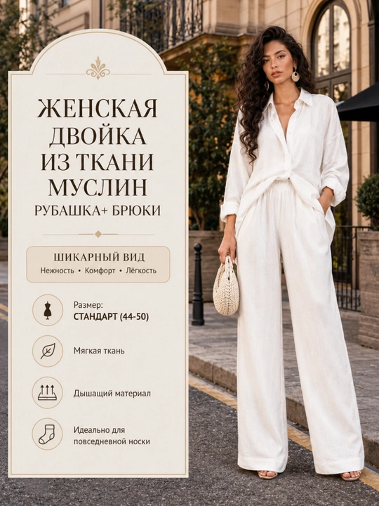 Ayollar uchun dvoyka komplekt kiyim lyon ko‘ylak + shim, ko‘ylak + yubka - yozgi, 44-50