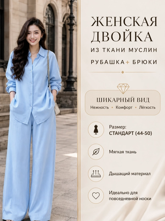 Ayollar uchun dvoyka komplekt kiyim lyon ko‘ylak + shim, ko‘ylak + yubka - yozgi, 44-50