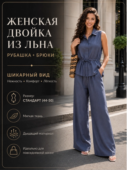 Ayollar uchun dvoyka komplekt kiyim lyon ko‘ylak + shim, ko‘ylak + yubka - yozgi, 44-50