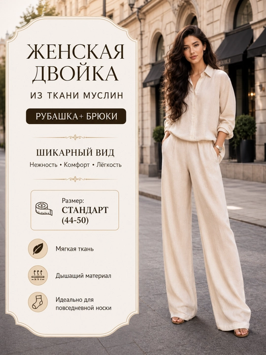 Ayollar uchun dvoyka komplekt kiyim lyon ko‘ylak + shim, ko‘ylak + yubka - yozgi, 44-50