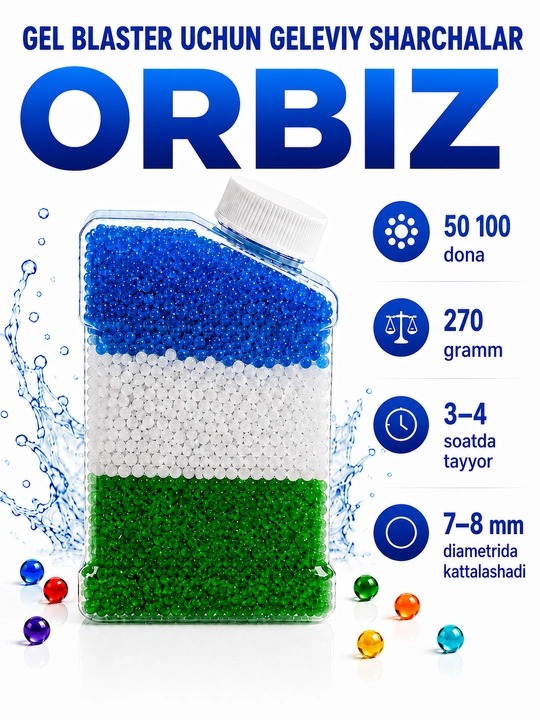 Orbiz, gel blaster uchun gidrogel sharchalar, 20 000 dan ortiq dona, 7-8 mm