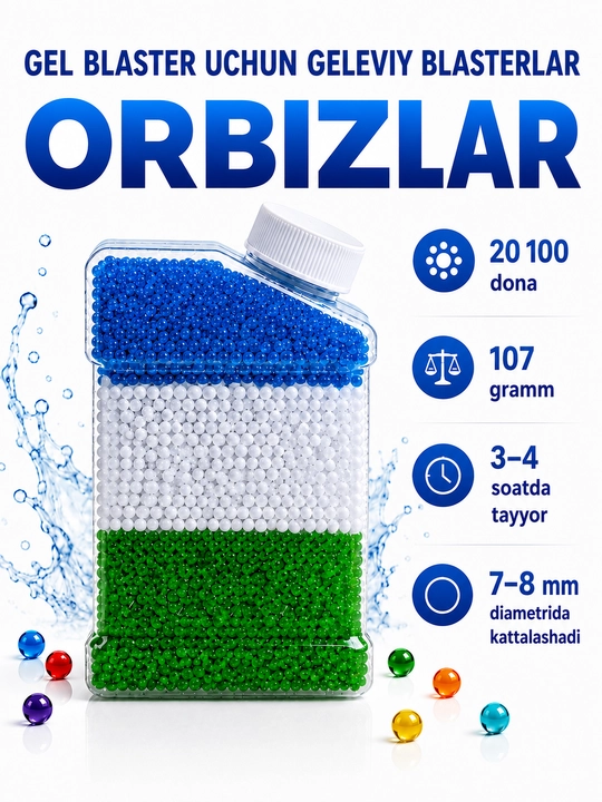 Orbiz, gel blaster uchun gidrogel sharchalar, 20 000 dan ortiq dona, 7-8 mm