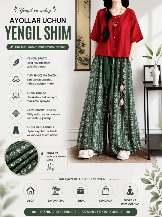 Ayollar uchun xitoy uslubidagi keng shim, yengil va havodor kundalik shim - 