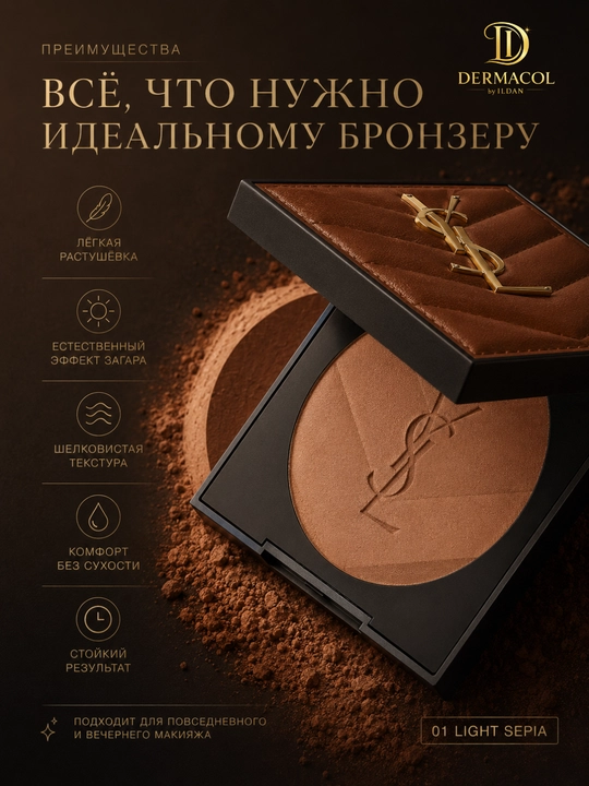 Пудра-бронзер для макияжа лица YSL All Hours Hyper Bronze 01 Light Sepia сияющий финиш 7.5г