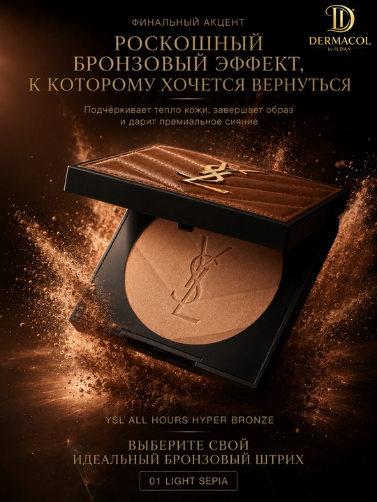 Пудра-бронзер для макияжа лица YSL All Hours Hyper Bronze 01 Light Sepia сияющий финиш 7.5г