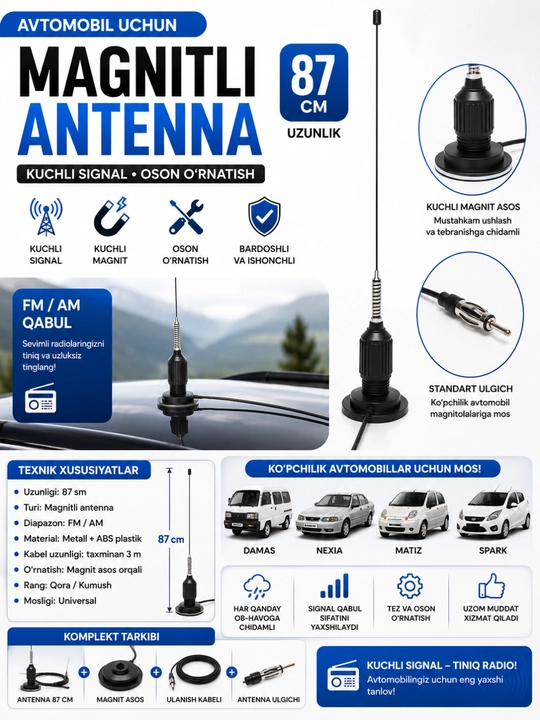 Avtomobil uchun magnitli antenna 87 sm, universal AM/FM tom antennasi - 