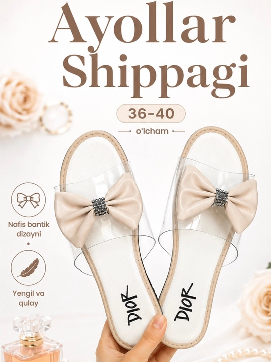 Ayollar shippagi, bahorgi-yozgi tapochka,shaffof dizayn bantik bilan, 36-40 o‘lcham - 
