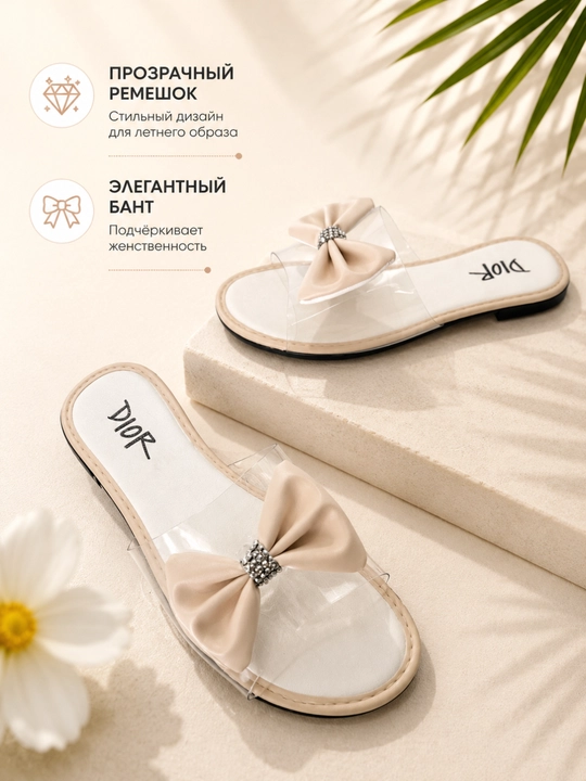 Ayollar shippagi, bahorgi-yozgi tapochka,shaffof dizayn bantik bilan, 36-40 o‘lcham