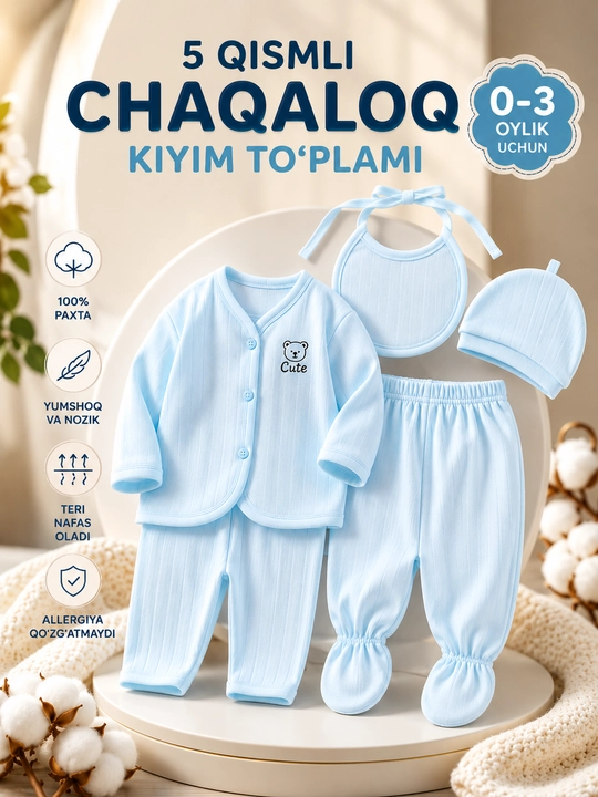 Chaqaloqlar uchun 5 qismli kiyim to‘plami, paxtali, tug‘ruqxona uchun - 