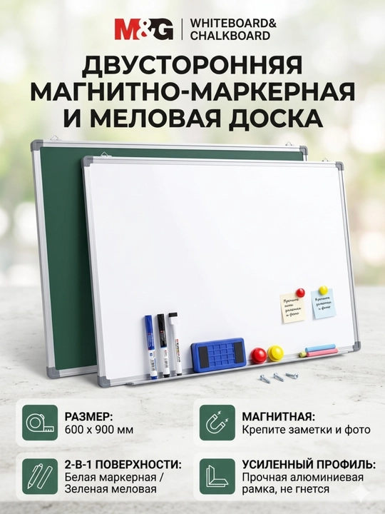 M&G ikki tomonlama doska, magnit-markerli va bo‘rli, 60*90 sm, ADB983AD - 