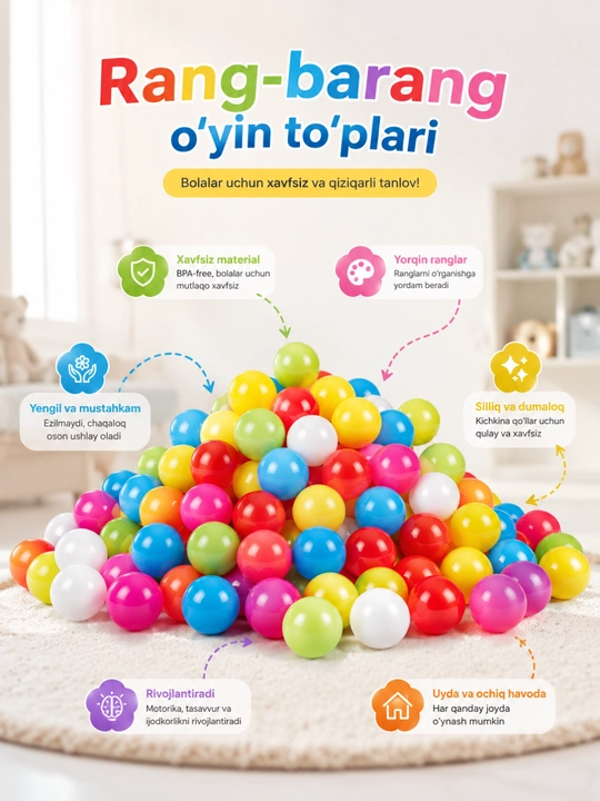 Bolalar uchun rangli o‘yin to‘plari 6.5/8 sm, plastik sharlar, o‘yinchoq to‘plar - 