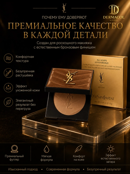 Yuz uchun silliq finishli bronzer YSL All Hours Hyper Bronze Buff Dune 02 - 