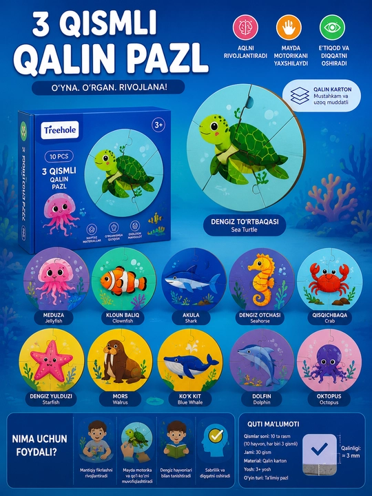 Magnitli puzzle bolalar uchun harflar raqamlar hayvonlar transport okean ferma 3+ - 