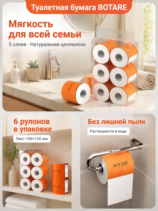 BOTARE Uydagi hojatxona qog'ozi 6 dona/sumka 100mm*120 mm 5 qatlam - 