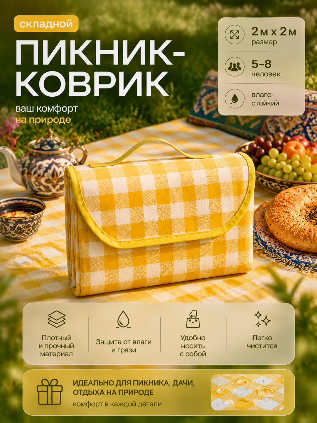 Piknik uchun gilamcha, yigiladigan sayohat uchun, dacha dam olish uchun, 2×2 m - 