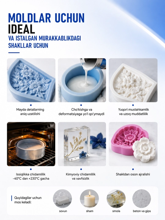 Art Silicon silikon kauchugi, moldlar va shakllar uchun, 605–640