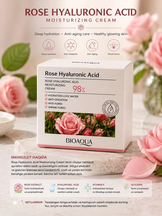 BIOAQUA Rose Hyaluronic Acid namlovchi yuz kremi, atirgul ekstrakti bilan - 