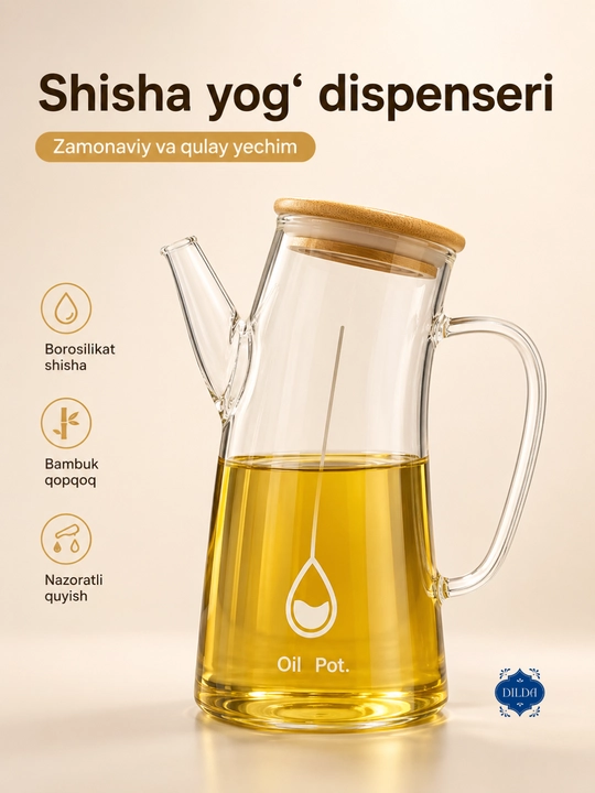 Shisha butilka-dozator, 500 ml, germetik qopqoqli, yog', moy va sous uchun