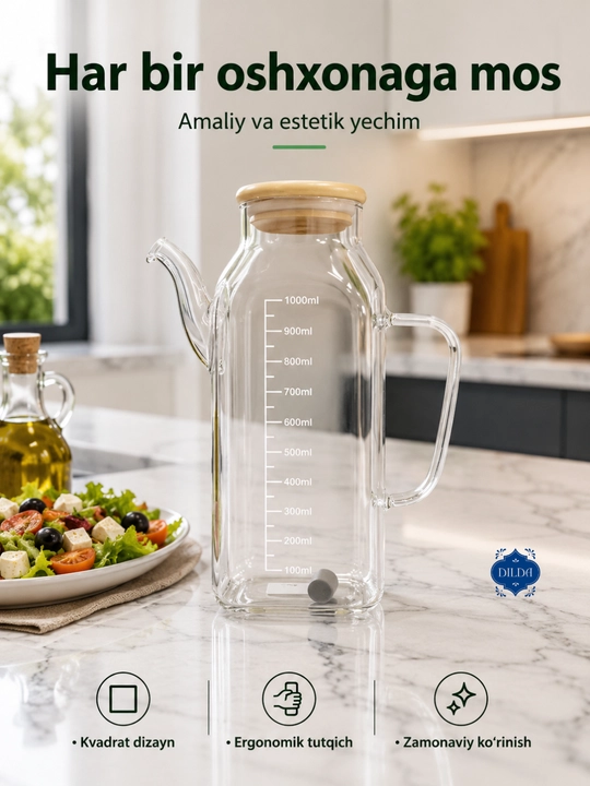 Shisha butilka-dozator, 500 ml, germetik qopqoqli, yog', moy va sous uchun