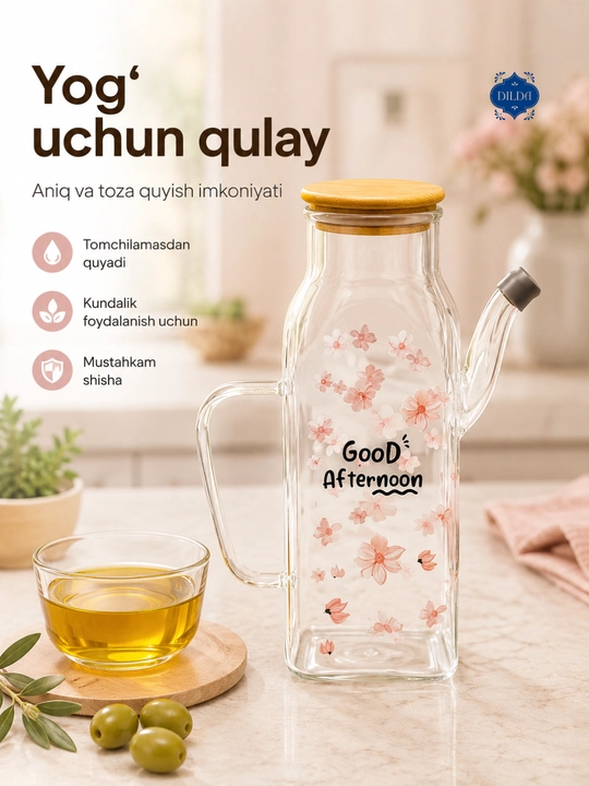 Shisha butilka-dozator, 500 ml, germetik qopqoqli, yog', moy va sous uchun