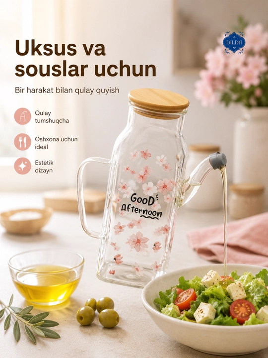 Shisha butilka-dozator, 500 ml, germetik qopqoqli, yog', moy va sous uchun