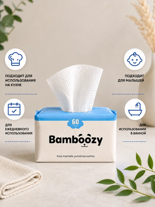 Bamboozy ko'p martalik salfetkalar 60 dona, oshxona, hammom va bolalar uchun