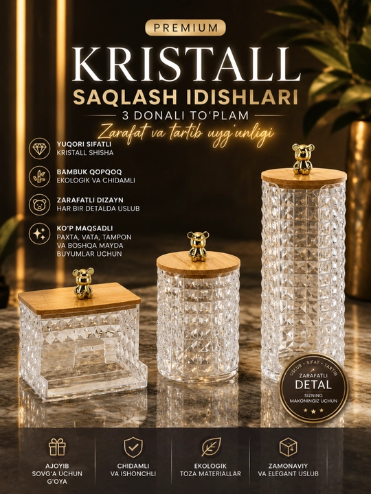 Premium kristall saqlash idishlari 3 donali to‘plam - 