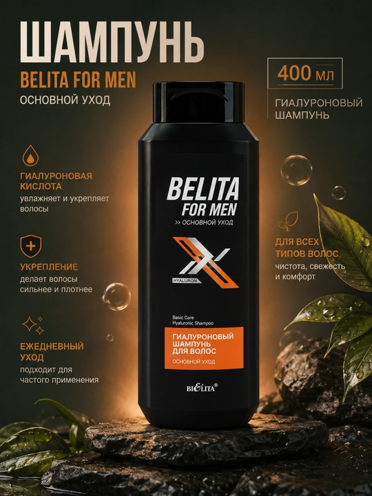 Soch uchun shampun Belita For Men, asosiy parvarish, gialuronik, 400 ml - 