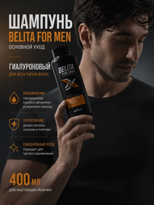 Soch uchun shampun Belita For Men, asosiy parvarish, gialuronik, 400 ml