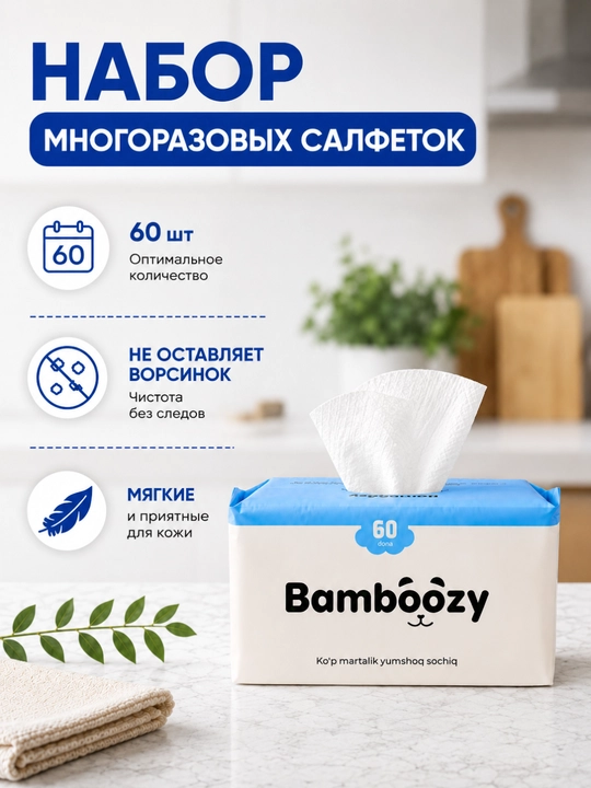Bamboozy многоразовые салфетки 60 шт, без ворсинок, для кухни, ванной и малышей - 