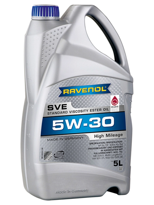 Mator moyi RAVENOL SVE 5W-30 yuqori yurish masofasiga ega avtomobillar uchun, 5 L - 
