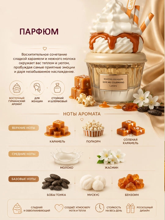 Lattafa Whipped Pleasure Give Me Gourmand 75 ml ayollar parfyumlangan suvi – sharqona gurman ifori