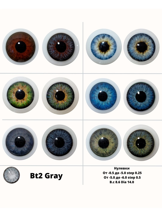 BT2 GRAY Rangli kontakt linzalari, kulrang rang, BC 8.6, DIA 14.0, 12 oy