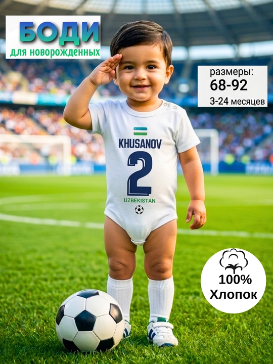 Боди-футболка для малышей "Реал Мадрид, Барселона, Хусанов, Шамурадов, Файзуллаев" - 