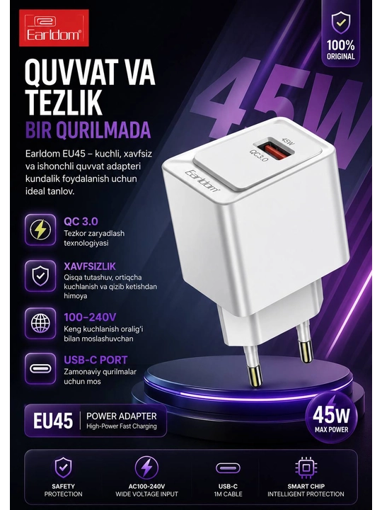 Earldom EU45 45W tezkor zaryadlovchi adapter, QC 3.0, USB-A port - 