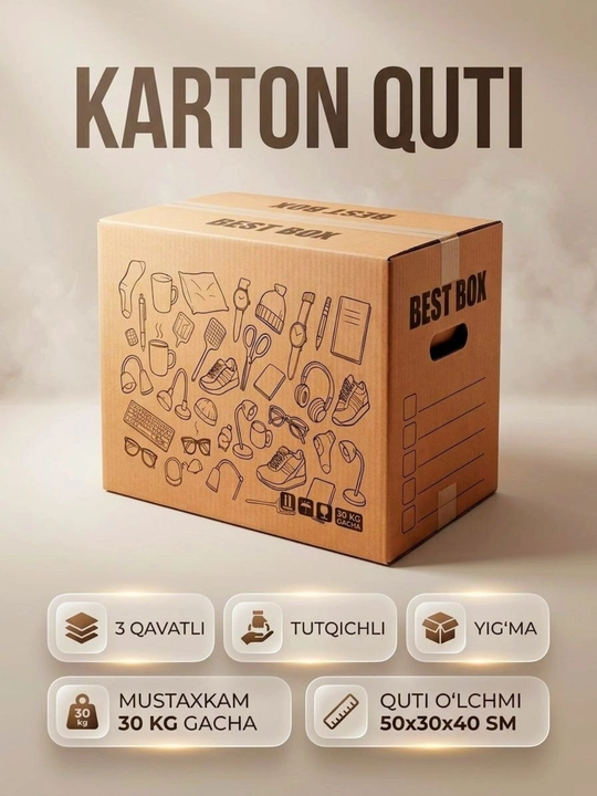 Karton quti, ko‘chish uchun quti, qadoqlash qutisi, mustahkam quti 50x30x40 - 