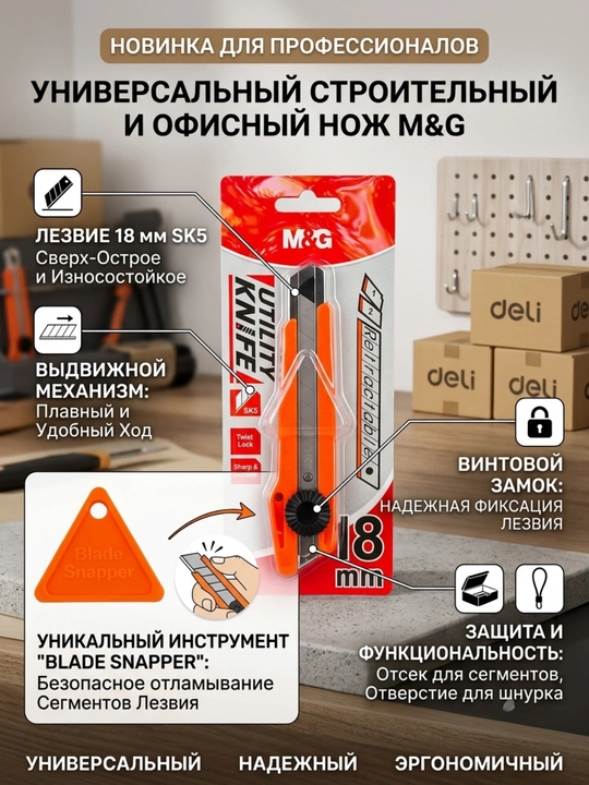 Kanselyariya pichog‘i 18 mm, metall korpusli, fiksatorli M&G ASS913U7 - 