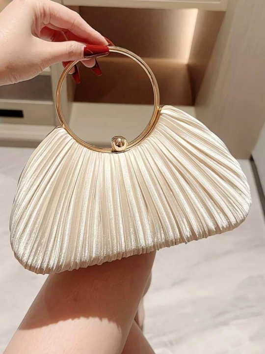 Ayollar uchun elegant kechki sumka, metall halqali tutqichli, premium plisseli klatch